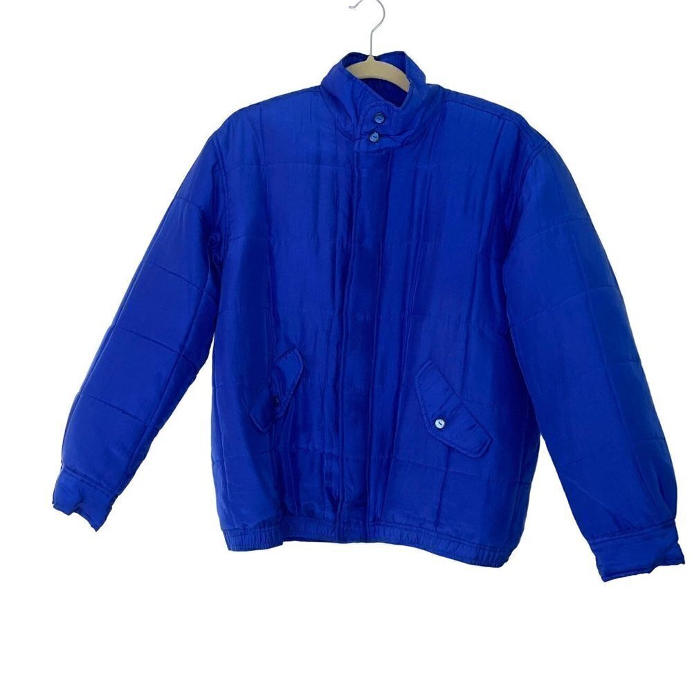 Clio Womens Bomber Jacket Blue Size Medium Vintage Quilted Pure Silk Zip Front